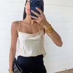 Pearl Chain Strap Satin Cowl Neck Cami Top In Off White - Infinity Raine
