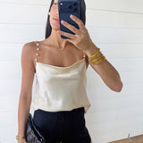 Pearl Chain Strap Satin Cowl Neck Cami Top In Off White - Infinity Raine