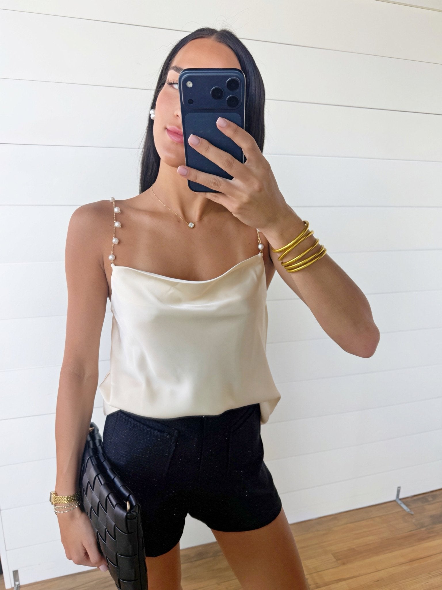 Pearl Chain Strap Satin Cowl Neck Cami Top In Off White - Infinity Raine