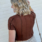 Pearl Embellished Knit Cardigan Top In Brown - Infinity Raine