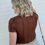 Pearl Embellished Knit Cardigan Top In Brown - Infinity Raine