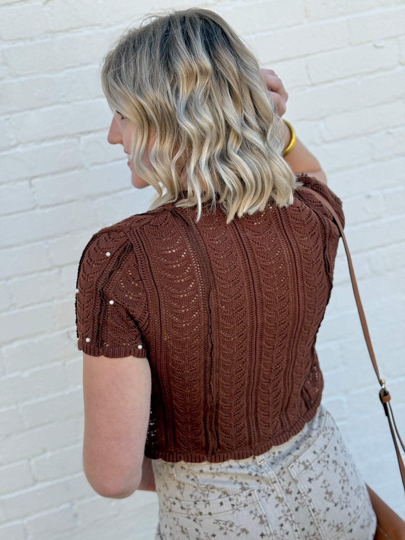 Pearl Embellished Knit Cardigan Top In Brown - Infinity Raine