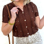Pearl Embellished Knit Cardigan Top In Brown - Infinity Raine