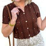 Pearl Embellished Knit Cardigan Top In Brown - Infinity Raine