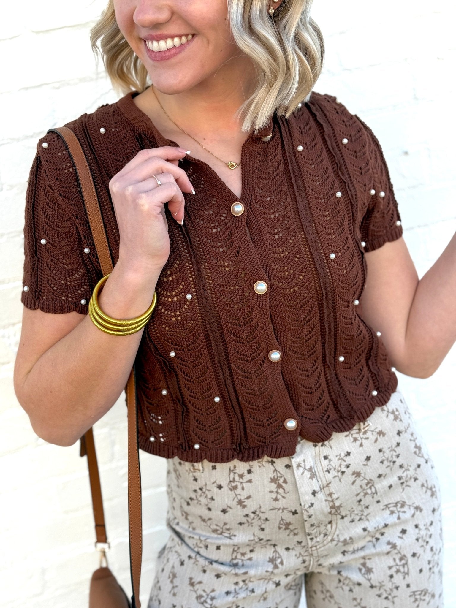 Pearl Embellished Knit Cardigan Top In Brown - Infinity Raine