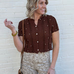 Pearl Embellished Knit Cardigan Top In Brown - Infinity Raine