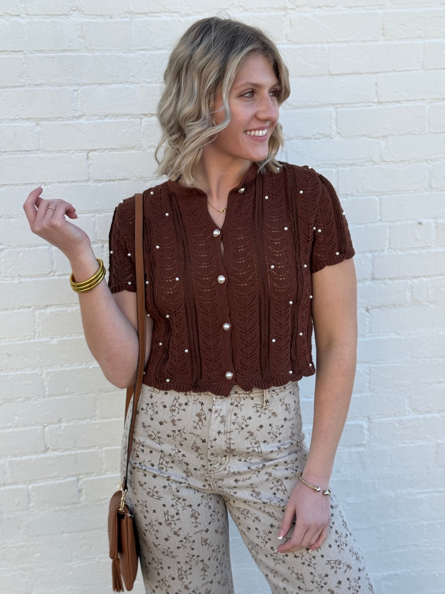 Pearl Embellished Knit Cardigan Top In Brown - Infinity Raine