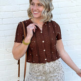 Pearl Embellished Knit Cardigan Top In Brown - Infinity Raine
