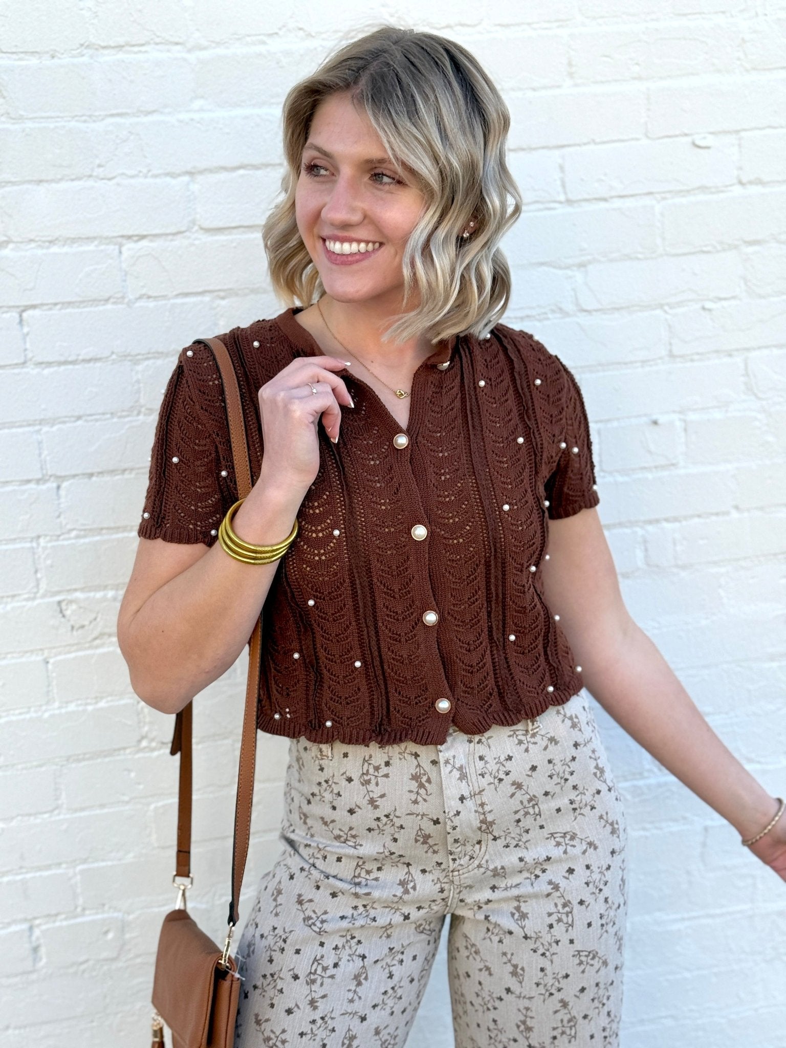 Pearl Embellished Knit Cardigan Top In Brown - Infinity Raine