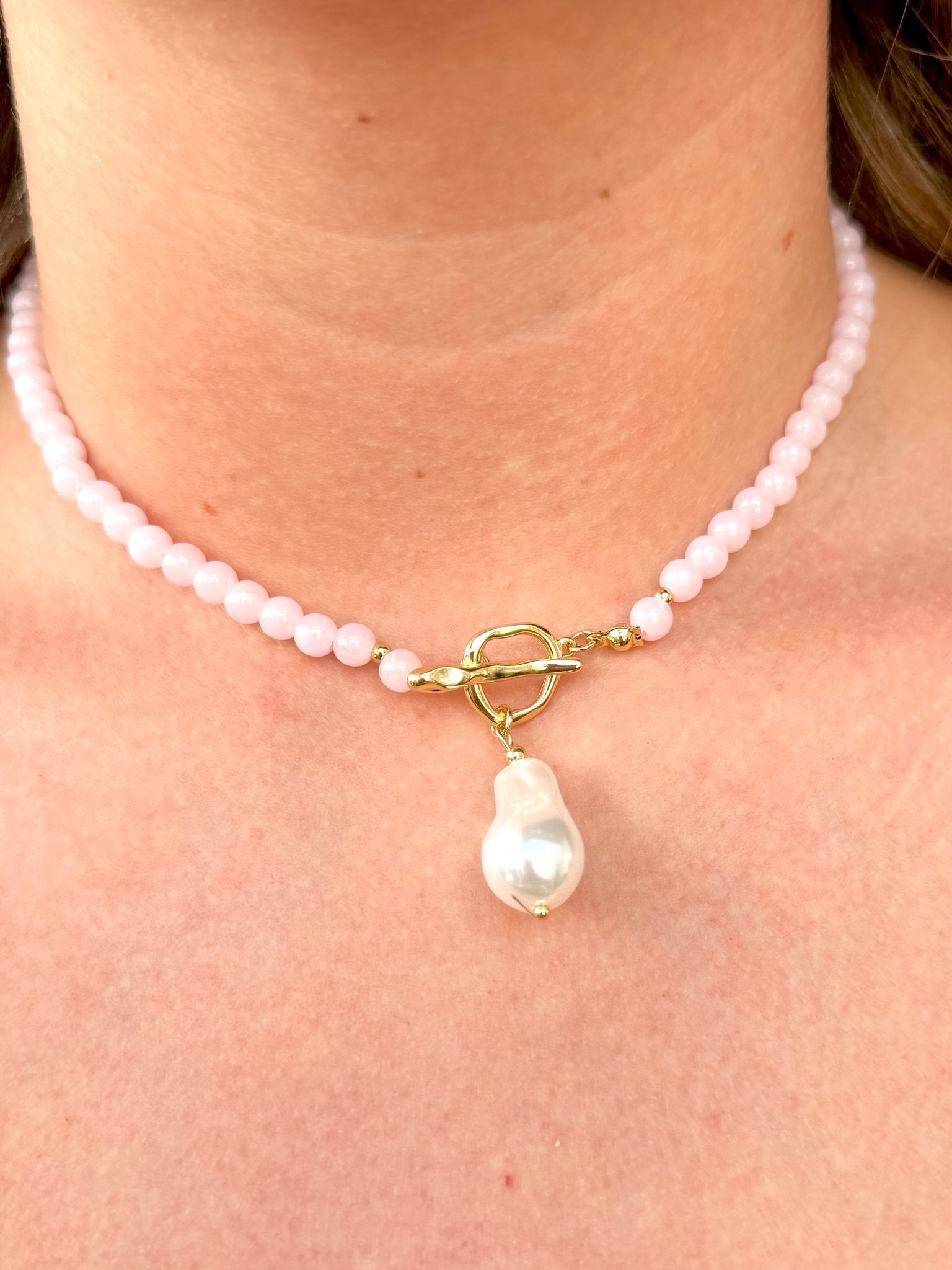 Pink Beaded Necklace With Pearl Pendant - Infinity Raine