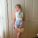 Pinstripe Cuffed Mini Denim Shorts In Blue - Infinity Raine