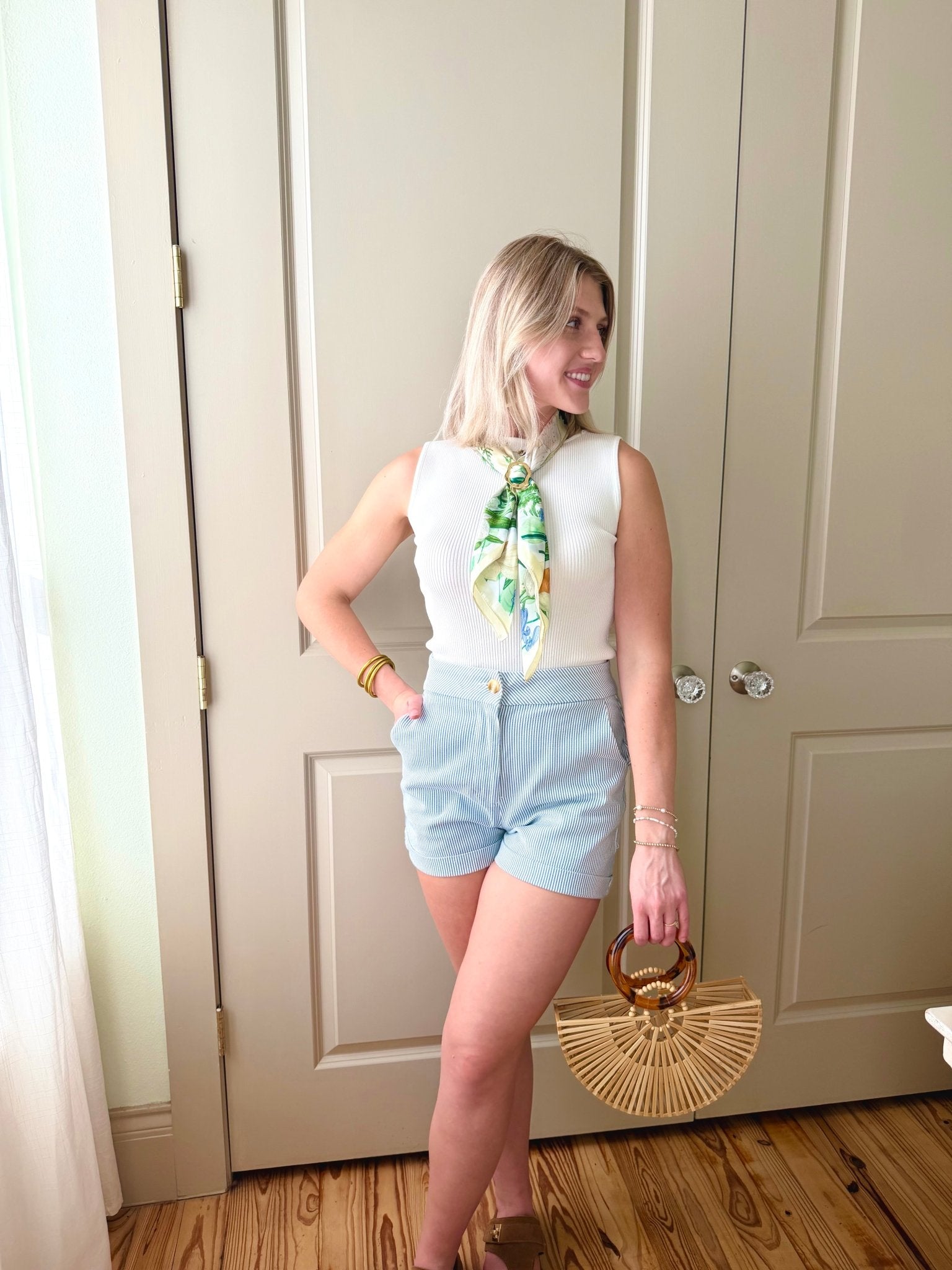 Pinstripe Cuffed Mini Denim Shorts In Blue - Infinity Raine