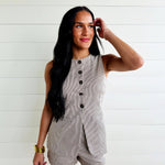 Pinstripe Longline Button Down Denim Vest In Brown - Infinity Raine