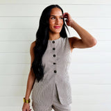 Pinstripe Longline Button Down Denim Vest In Brown - Infinity Raine