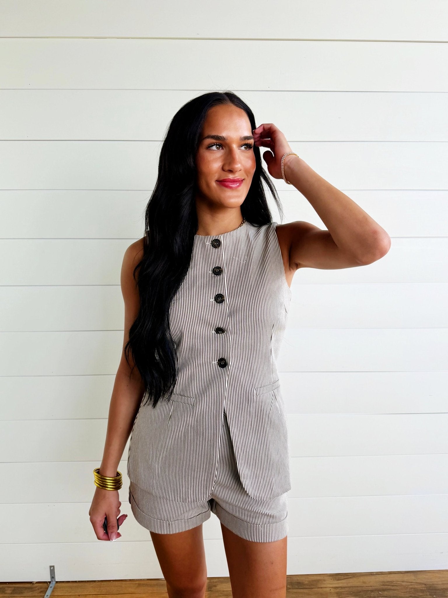 Pinstripe Longline Button Down Denim Vest In Brown - Infinity Raine