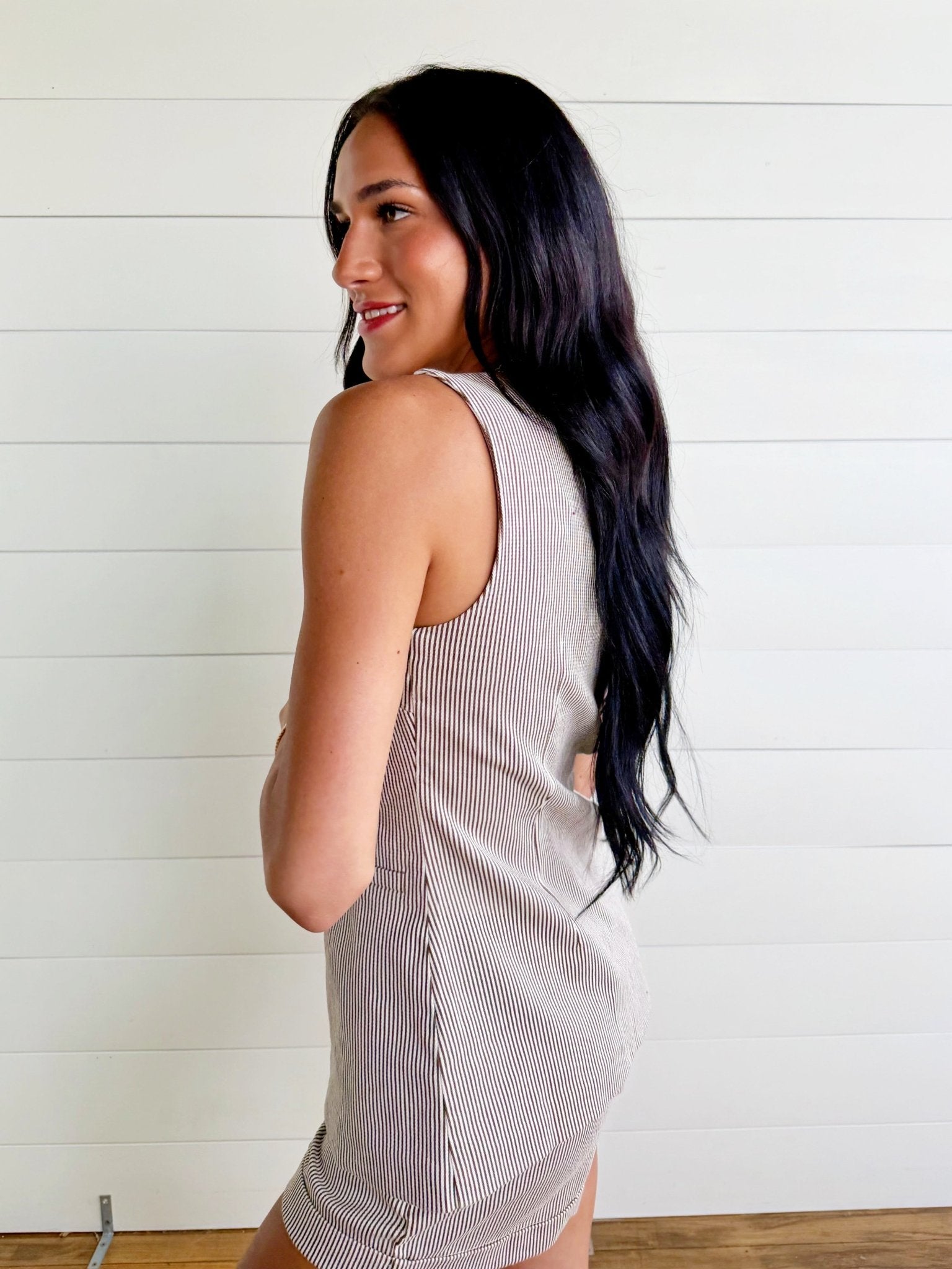 Pinstripe Longline Button Down Denim Vest In Brown - Infinity Raine