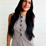 Pinstripe Longline Button Down Denim Vest In Brown - Infinity Raine