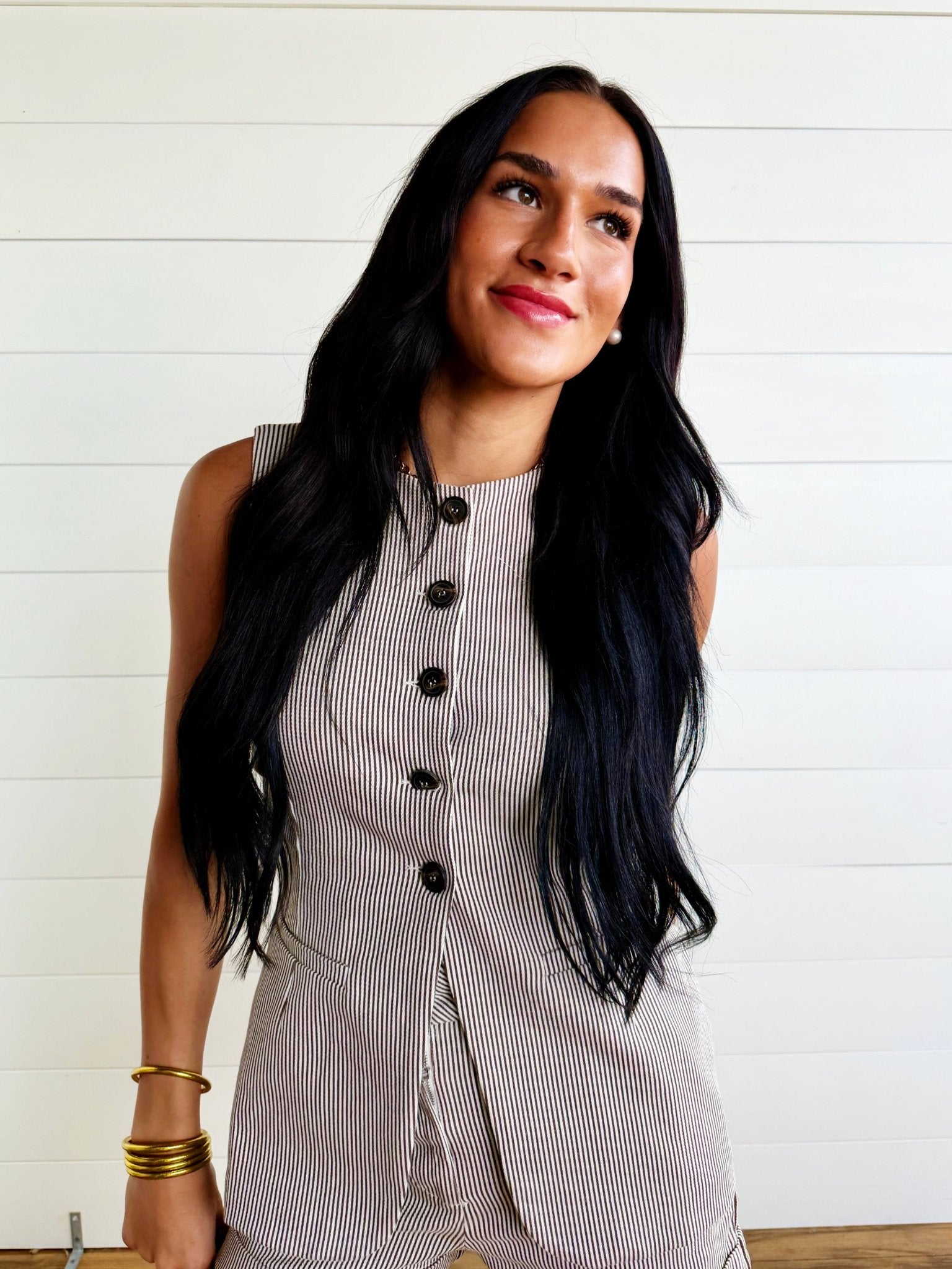 Pinstripe Longline Button Down Denim Vest In Brown - Infinity Raine