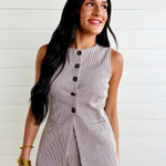 Pinstripe Longline Button Down Denim Vest In Brown - Infinity Raine