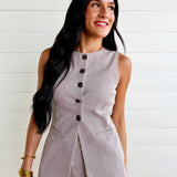 Pinstripe Longline Button Down Denim Vest In Brown - Infinity Raine