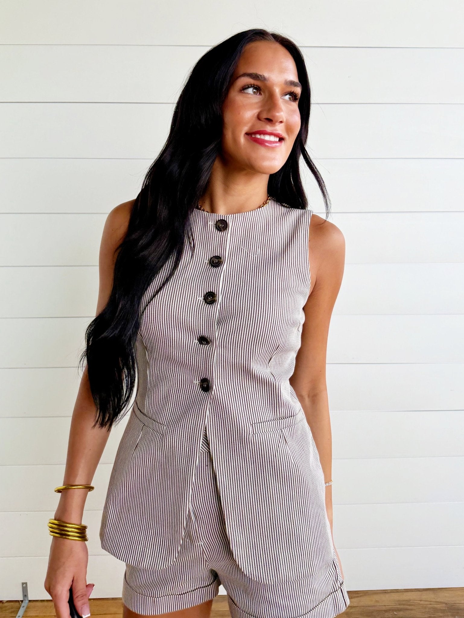Pinstripe Longline Button Down Denim Vest In Brown - Infinity Raine