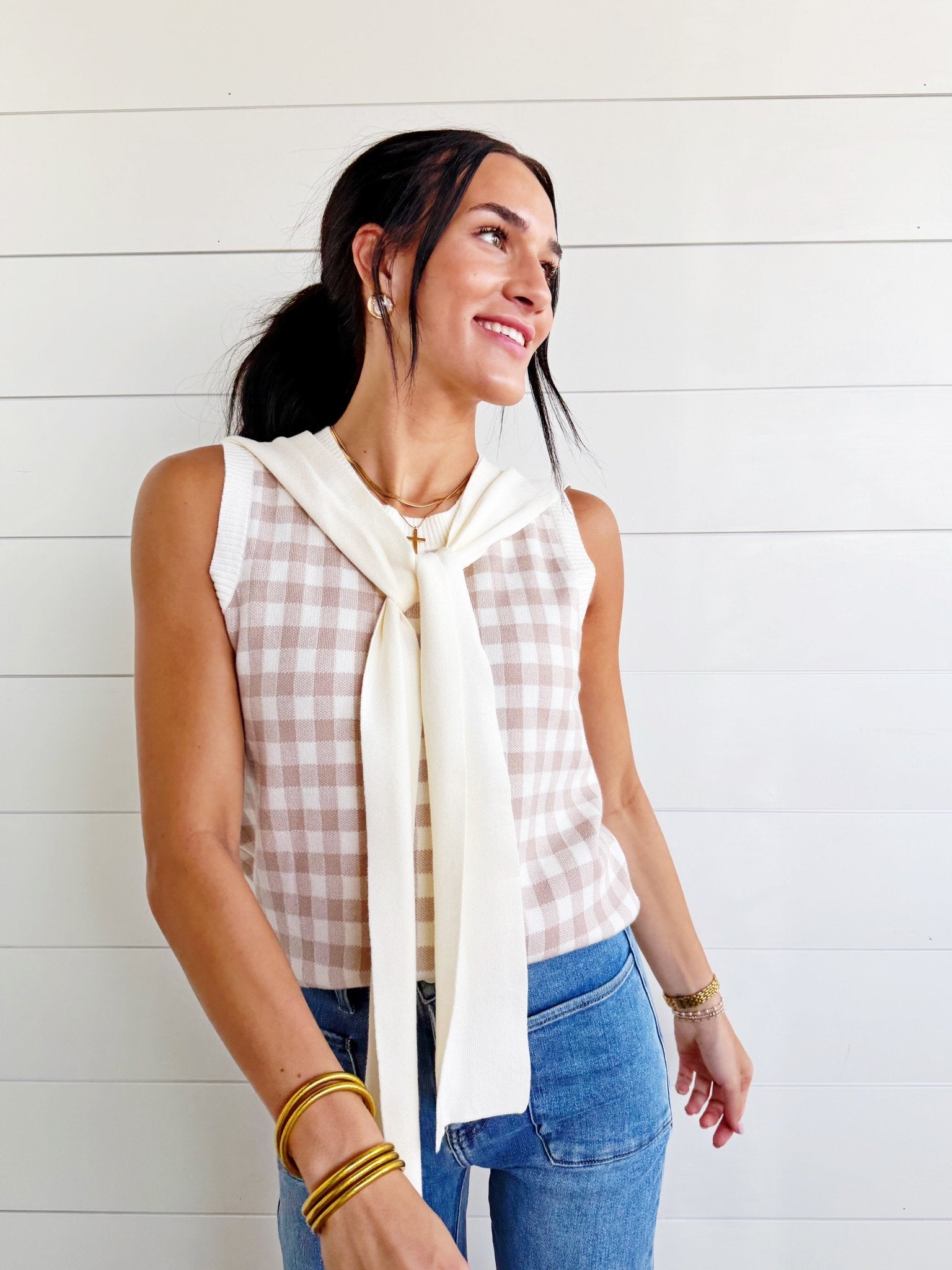 Plaid Knit Detachable Shawl Wrap Sweater Tank Top In Khaki - Infinity Raine