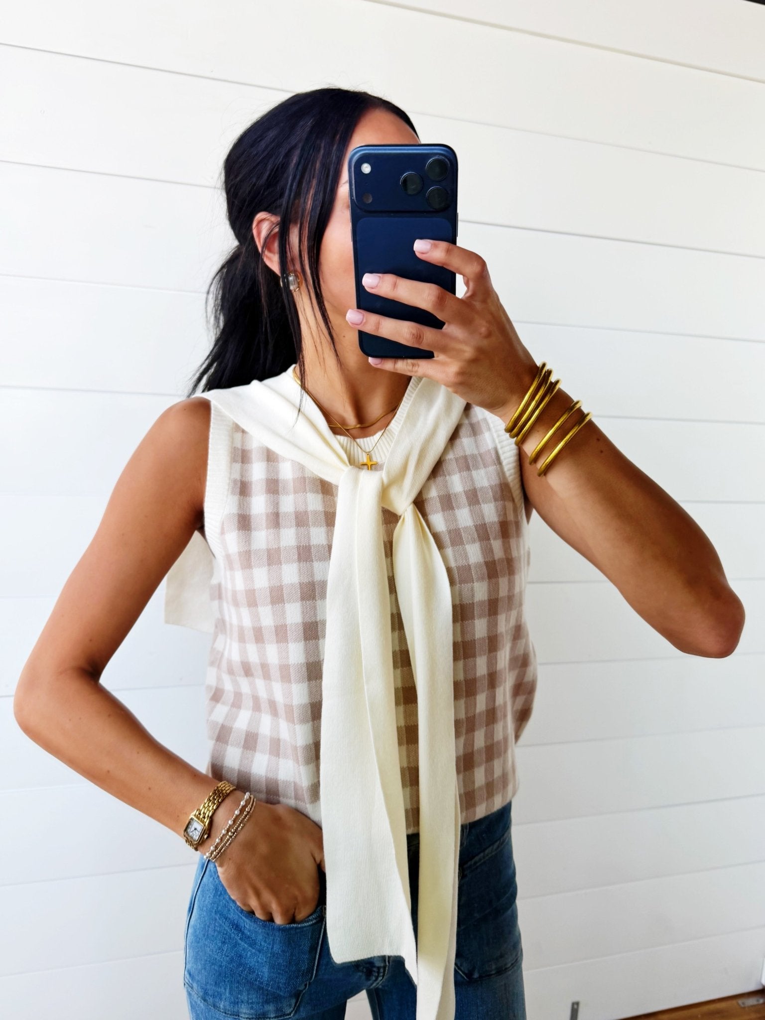 Plaid Knit Detachable Shawl Wrap Sweater Tank Top In Khaki - Infinity Raine