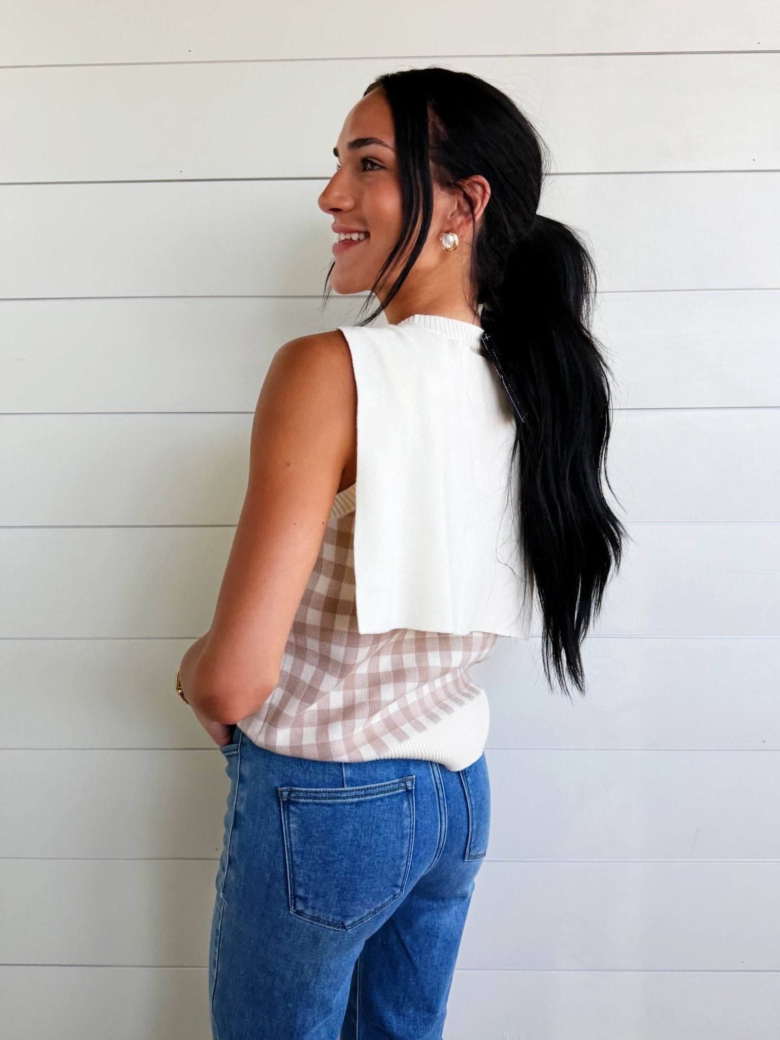 Plaid Knit Detachable Shawl Wrap Sweater Tank Top In Khaki - Infinity Raine
