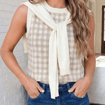 Plaid Knit Detachable Shawl Wrap Sweater Tank Top In Khaki - Infinity Raine