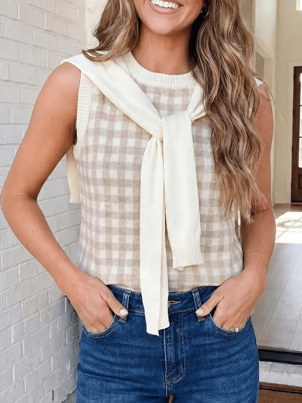 Plaid Knit Detachable Shawl Wrap Sweater Tank Top In Khaki - Infinity Raine