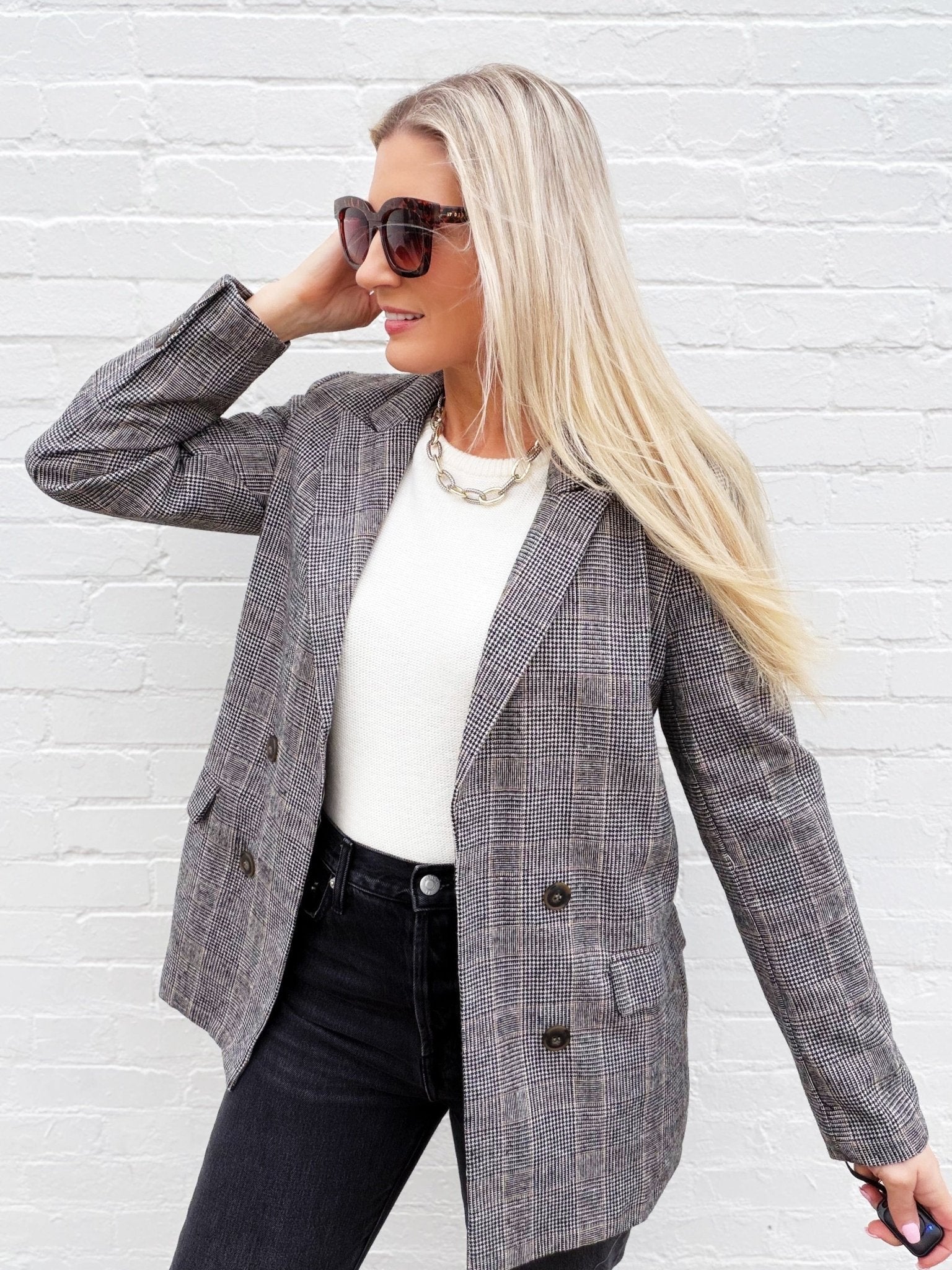 Plaid Long Sleeve Front Button Blazer in Charcoal - Infinity Raine