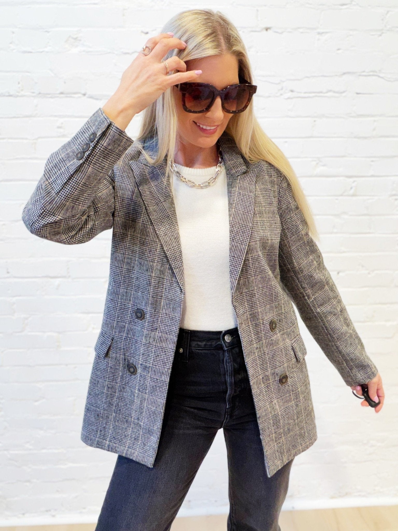 Plaid Long Sleeve Front Button Blazer in Charcoal - Infinity Raine