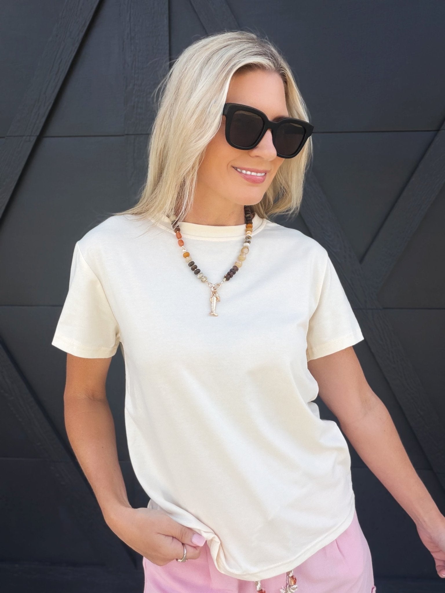 Plain Round Neck Short Sleeve T-Shirt In Apricot - Infinity Raine