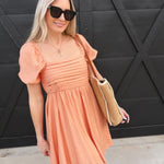 Pleated Bodice Short Puff Sleeve Mini Dress Light Apricot - Infinity Raine