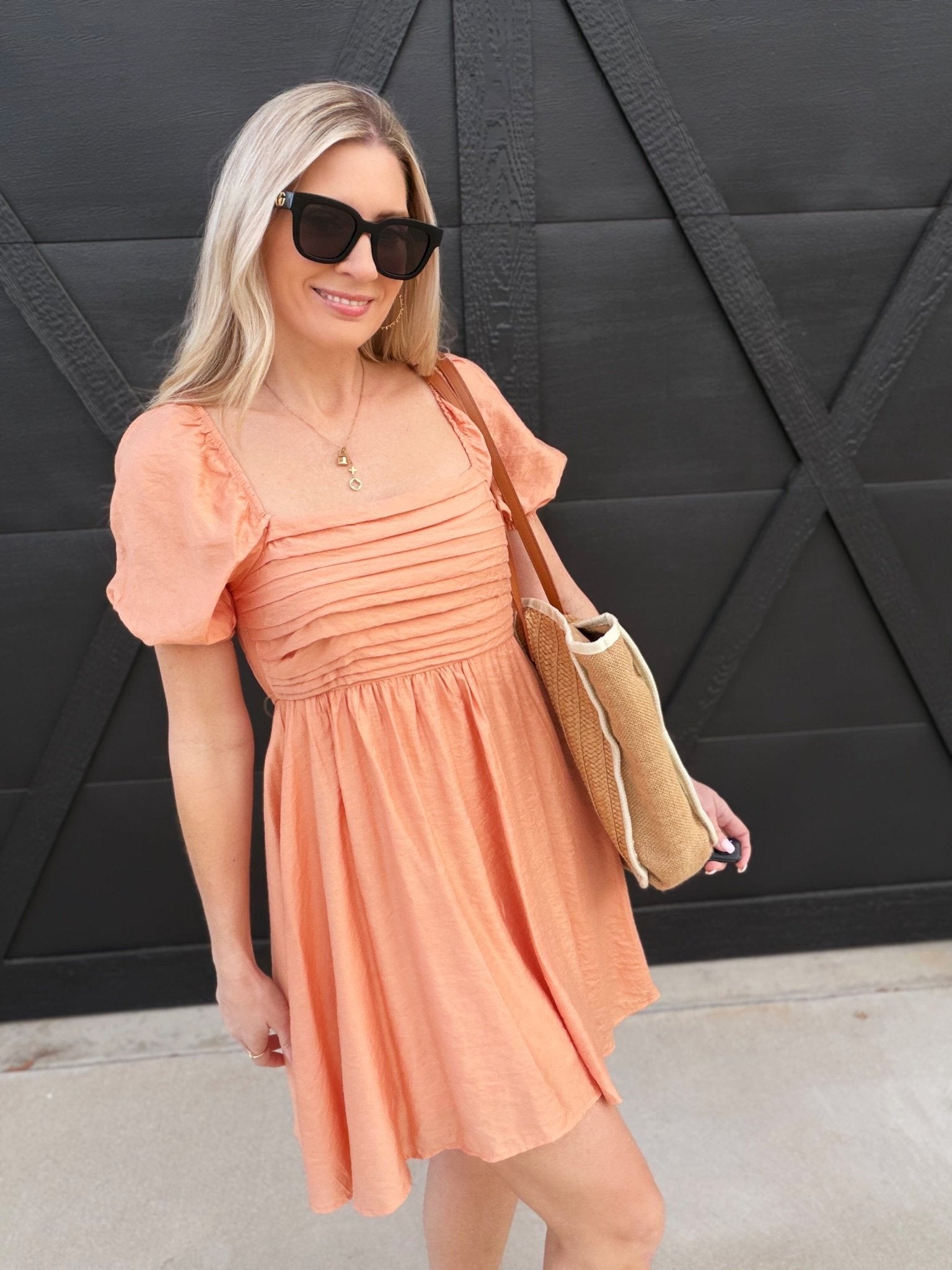 Pleated Bodice Short Puff Sleeve Mini Dress Light Apricot - Infinity Raine