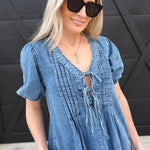Pleated Front Tie Puff Sleeve Mini Dress In Denim - Infinity Raine