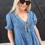 Pleated Front Tie Puff Sleeve Mini Dress In Denim - Infinity Raine