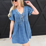 Pleated Front Tie Puff Sleeve Mini Dress In Denim - Infinity Raine