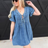 Pleated Front Tie Puff Sleeve Mini Dress In Denim - Infinity Raine