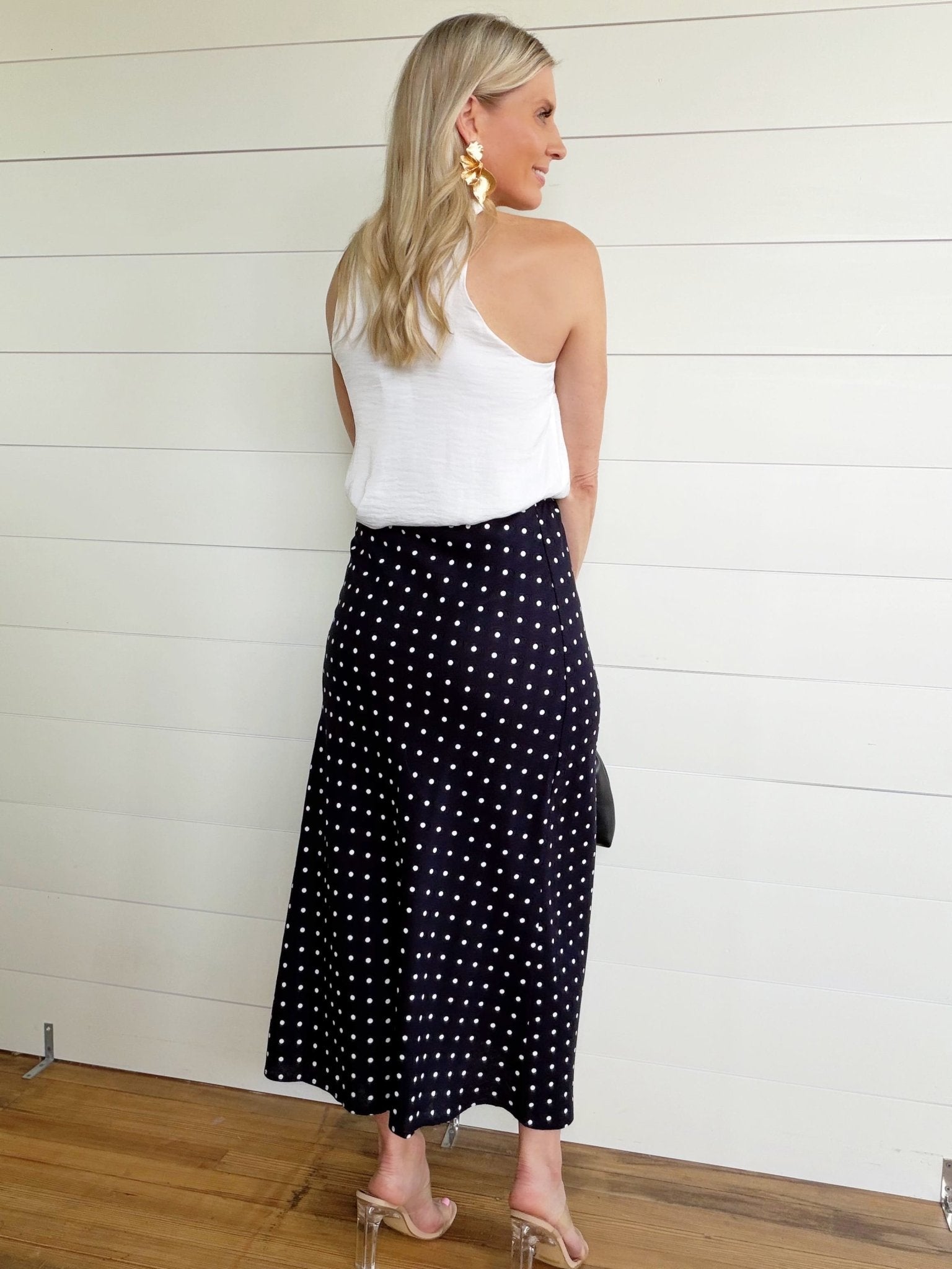 Polka Dot A-Line Midi Skirt In Navy - Infinity Raine