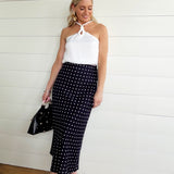 Polka Dot A-Line Midi Skirt In Navy - Infinity Raine