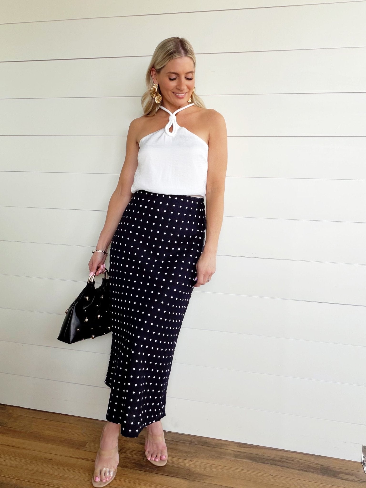 Polka Dot A-Line Midi Skirt In Navy - Infinity Raine