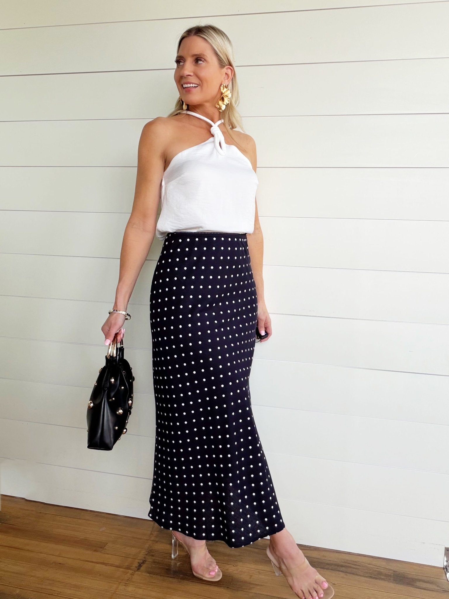 Polka Dot A-Line Midi Skirt In Navy - Infinity Raine