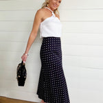 Polka Dot A-Line Midi Skirt In Navy - Infinity Raine