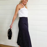 Polka Dot A-Line Midi Skirt In Navy - Infinity Raine