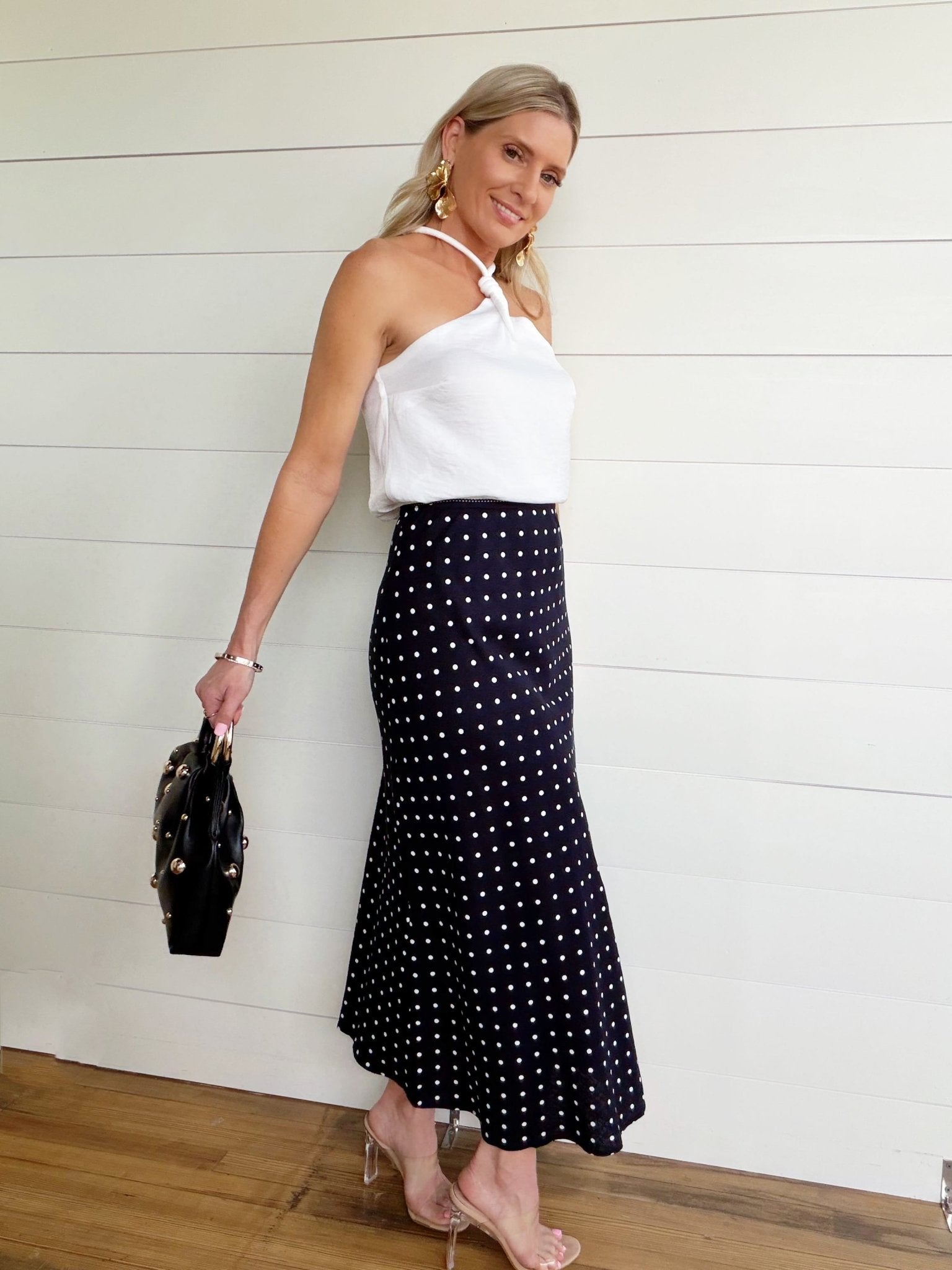 Polka Dot A - Line Midi Skirt In Navy - Infinity Raine