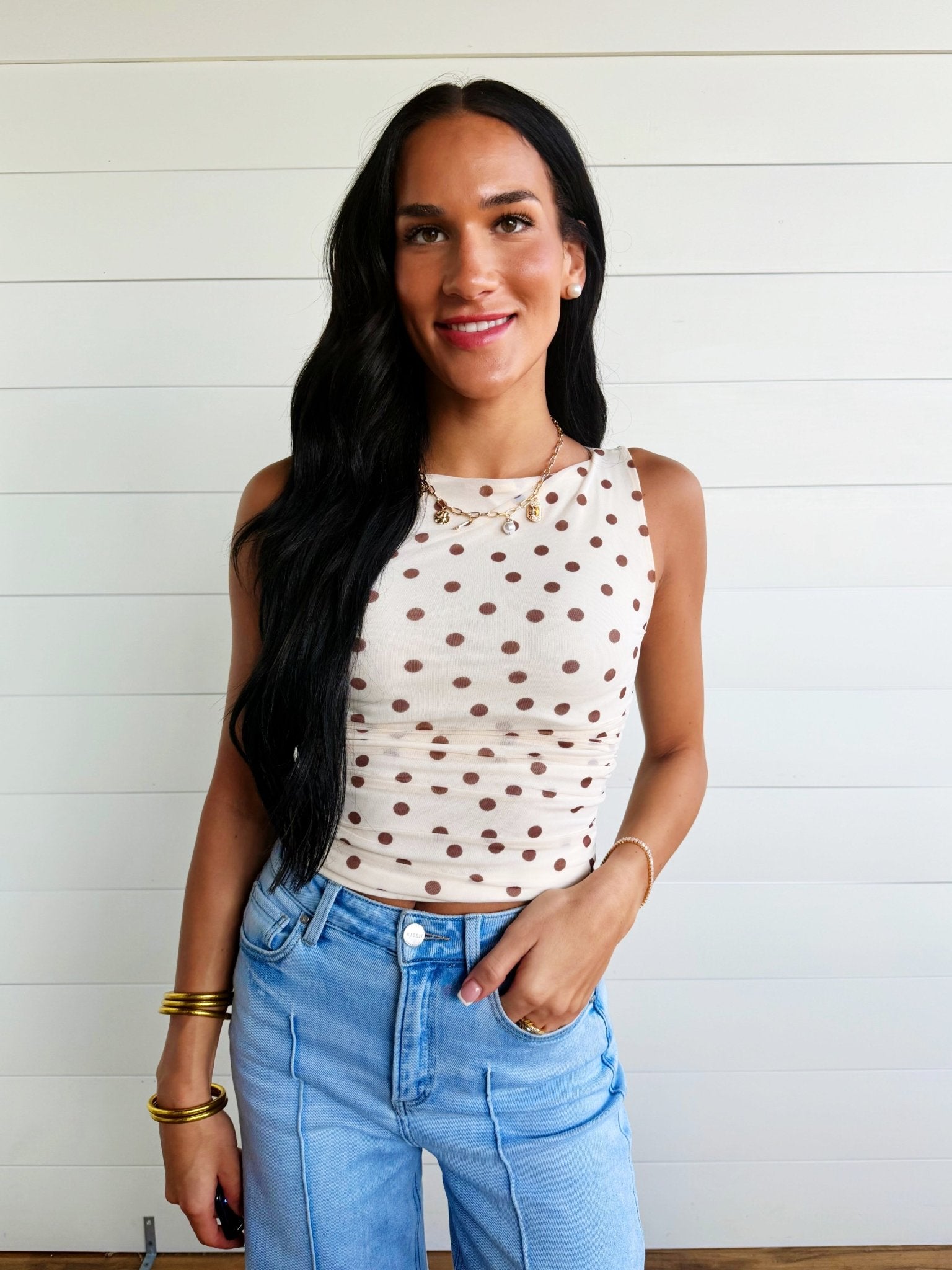 Polka Dot Boat Neck Sleeveless Mesh Knit Top In Cream - Infinity Raine