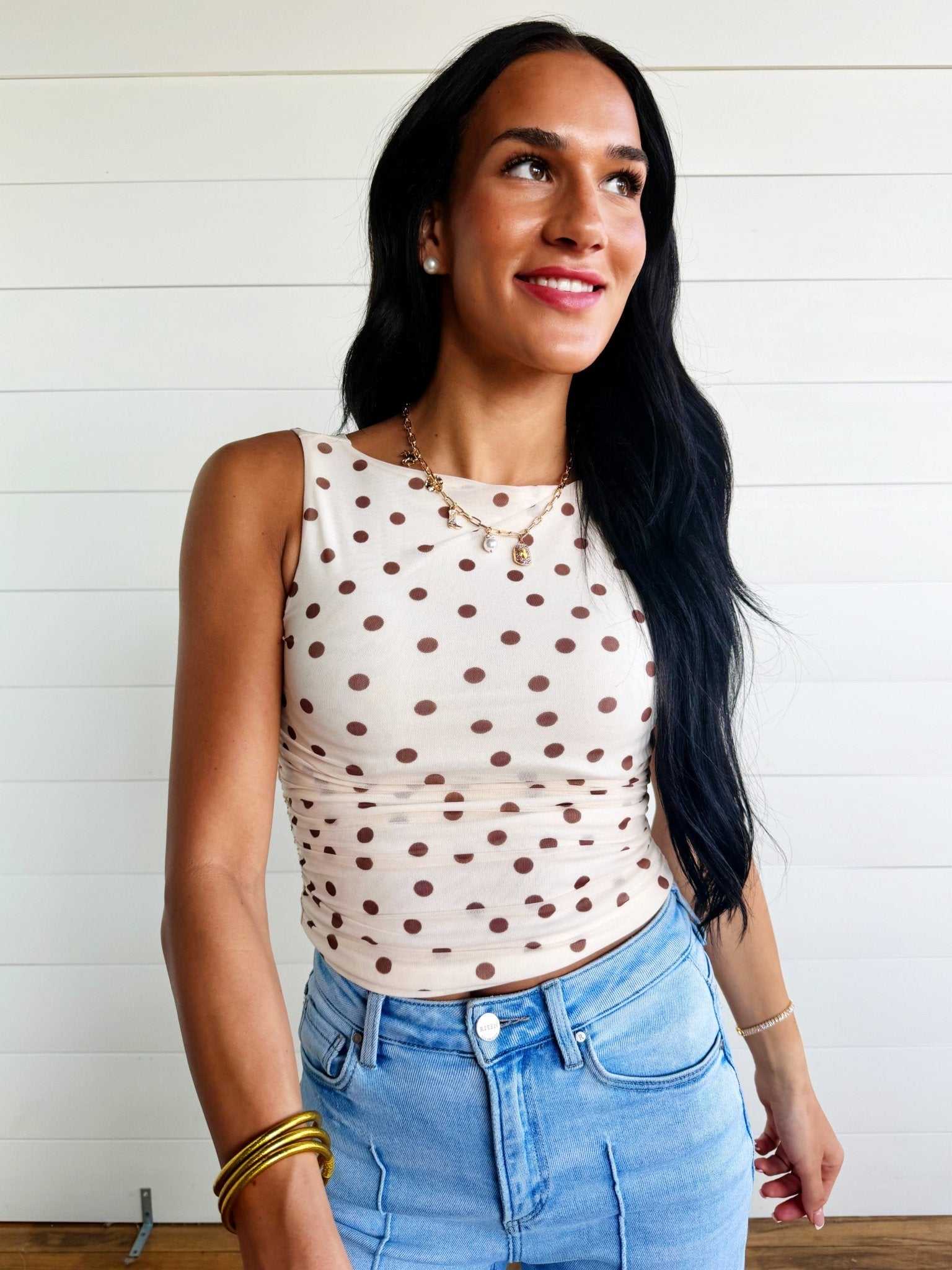 Polka Dot Boat Neck Sleeveless Mesh Knit Top In Cream - Infinity Raine