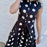 Polka Dot Button Down Belted Shirt Maxi Dress In Black - Infinity Raine