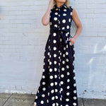 Polka Dot Button Down Belted Shirt Maxi Dress In Black - Infinity Raine